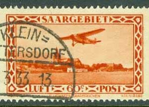 Saargebiet – M  158 Flygpostmärke, Focke-Wulf A 17 Möwe över Saarbrücken, 60 C stpl