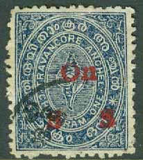 Travancore – M Tj    3 Tjänstefrimärke, påtryck på bruksmärke On S S, 1 Chuck stpl