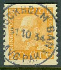 F  181 Gustaf V 20 öre. Prakt STOCKHOLM BAN 31.10.34  (A/U)