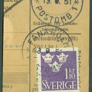 F  296 FANAHOLM POSTOMB 1  13.9.51 PÅ KLIPP (G/Sm)