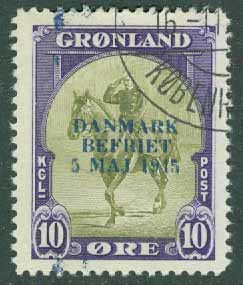 Grönland – F   22 Blått påtryck DANMARK BEFRIET 5 MAJ 1945, 10 öre stpl
