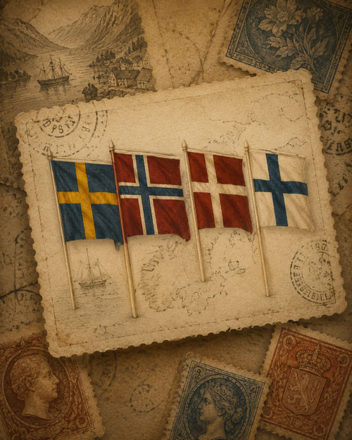 Nordiska flaggor och frimärken i vintageutförande