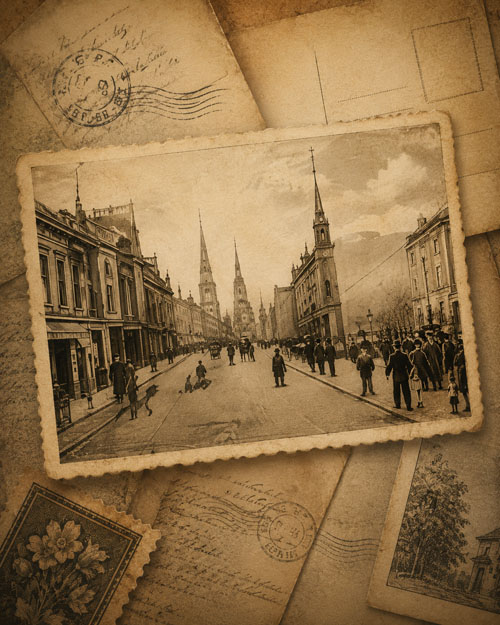 Vintagevykort med historisk stadsgata