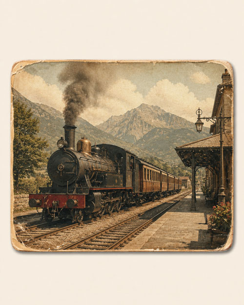 Gamla vykort med järnväg, tåg och stationer
